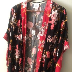 Floral Kimono with Red and Black Accents